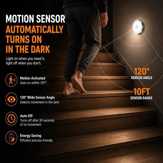 Alt view image 2 of 7 - Motion Sensor Night Light Rechargeable, Magnetic Puck Lights, 3 Modes & Dimmable, Motion Sensor Stair Lights Indoor for Bedroom Bathroom Kitchen Hallway Cruise (White Light)