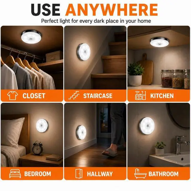 Alt view image 6 of 7 - Motion Sensor Night Light Rechargeable, Magnetic Puck Lights, 3 Modes & Dimmable, Motion Sensor Stair Lights Indoor for Bedroom Bathroom Kitchen Hallway Cruise (White Light)