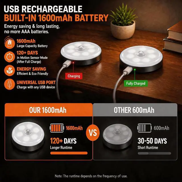Alt view image 5 of 7 - Motion Sensor Night Light Rechargeable, Magnetic Puck Lights, 3 Modes & Dimmable, Motion Sensor Stair Lights Indoor for Bedroom Bathroom Kitchen Hallway Cruise (White Light)