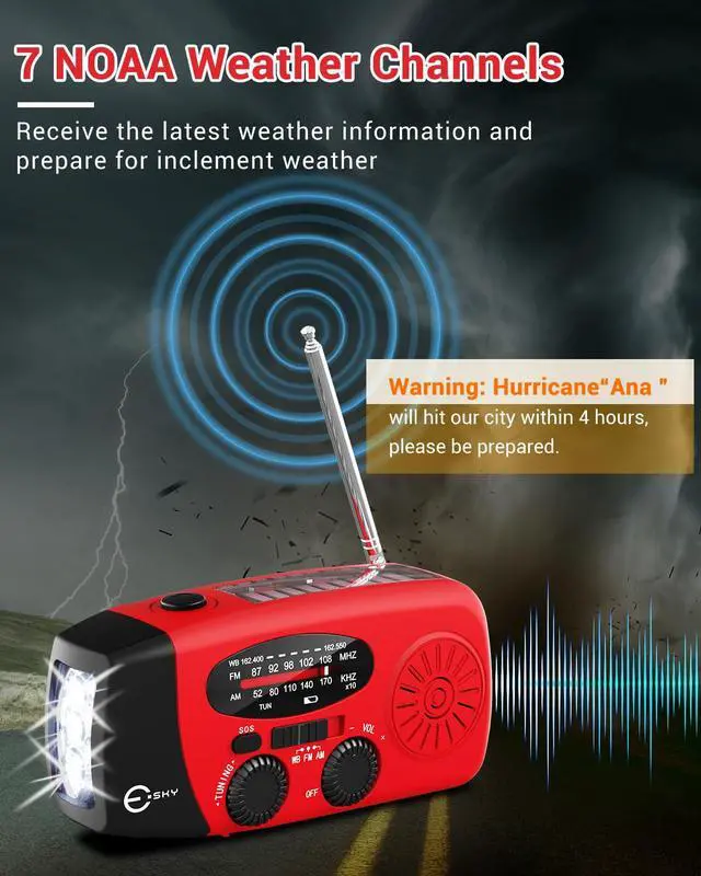 Alt view image 3 of 7 - Emergency Hand Crank Radio 7400mWh with 3 LED Flashlight, AM/FM/NOAA Portable Weather Radio with Rechargeable 2000mAh Battery, Solar Powered Radio for Indoor Outdoor Survival Camping, SOS Alarm