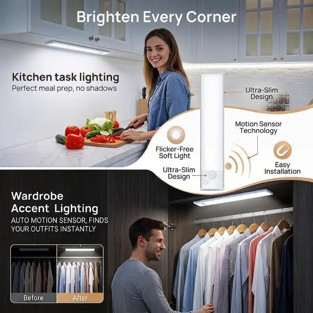 Alt view image 5 of 7 - Under Cabinet Rechargeable Lighting: Motion Sensor Dimmable Lights Indoor - Battery Operated Lights - Wireless Activated Closet Light Magnetic Led Light for Kitchen Home Bathroom Counter Shelf