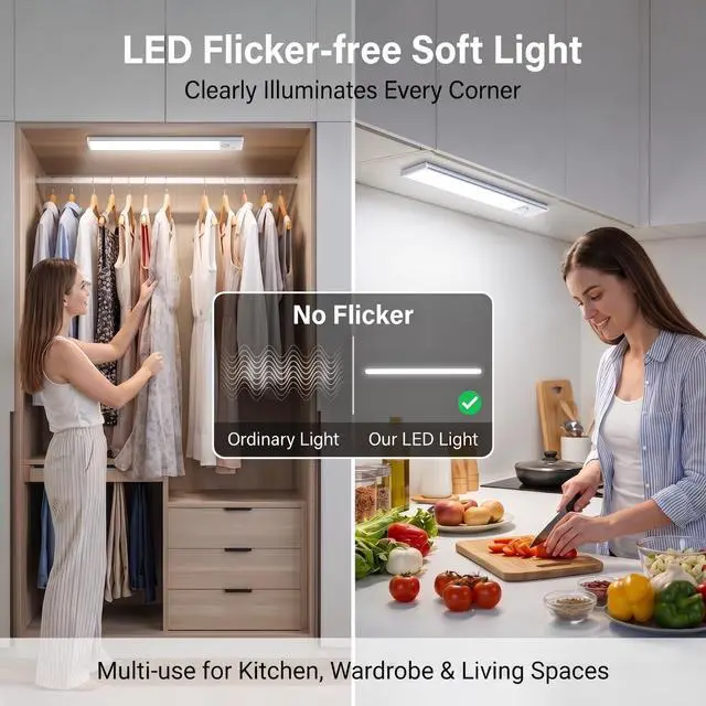 Alt view image 7 of 7 - Under Cabinet Rechargeable Lighting: Motion Sensor Dimmable Lights Indoor - Battery Operated Lights - Wireless Activated Closet Light Magnetic Led Light for Kitchen Home Bathroom Counter Shelf