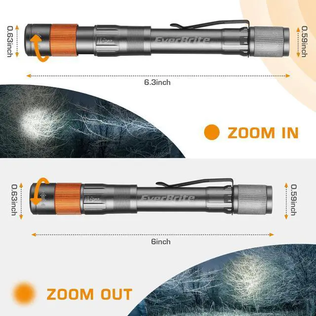 Alt view image 3 of 7 - Rechargeable Pen Light, 300 Lumens EDC Flashlight, Zoomable LED Pocket Flashlight with Clip, Memory Function and USB C Cable Included, for Camping, Emergency, Gray