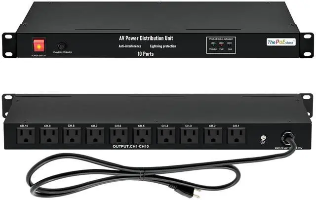 Main image of 1U Horizontal PDU 19 Rack Mount Power Strip - Surge Protector, for Network Servers. 10 NEMA 5-15R Outlet, 120V 15A, 3600 Joules 10KA, Heavy-Duty 14 AWG 6 ft Cord, w/AC Filter