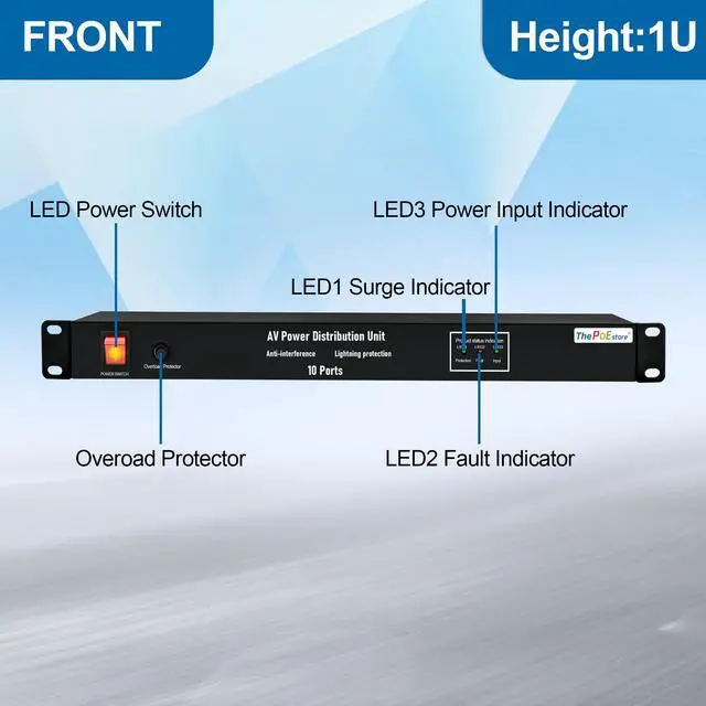 Alt view image 2 of 7 - 1U Horizontal PDU 19 Rack Mount Power Strip - Surge Protector, for Network Servers. 10 NEMA 5-15R Outlet, 120V 15A, 3600 Joules 10KA, Heavy-Duty 14 AWG 6 ft Cord, w/AC Filter