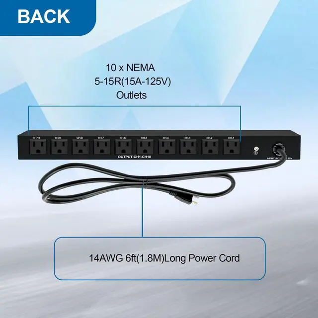 Alt view image 3 of 7 - 1U Horizontal PDU 19 Rack Mount Power Strip - Surge Protector, for Network Servers. 10 NEMA 5-15R Outlet, 120V 15A, 3600 Joules 10KA, Heavy-Duty 14 AWG 6 ft Cord, w/AC Filter
