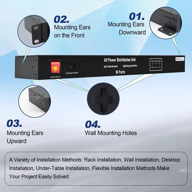 Alt view image 4 of 7 - 1U Horizontal PDU 19 Rack Mount Power Strip - Surge Protector, for Network Servers. 10 NEMA 5-15R Outlet, 120V 15A, 3600 Joules 10KA, Heavy-Duty 14 AWG 6 ft Cord, w/AC Filter