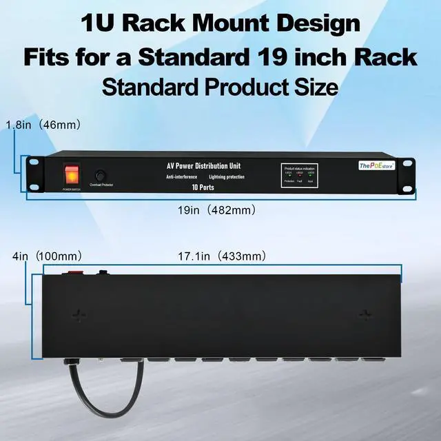 Alt view image 5 of 7 - 1U Horizontal PDU 19 Rack Mount Power Strip - Surge Protector, for Network Servers. 10 NEMA 5-15R Outlet, 120V 15A, 3600 Joules 10KA, Heavy-Duty 14 AWG 6 ft Cord, w/AC Filter