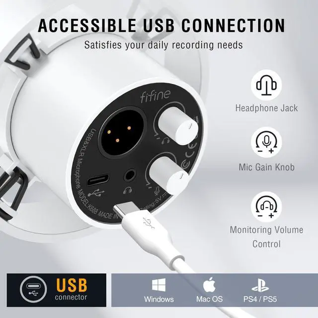 Alt view image 4 of 7 - Studio XLR Dynamic Microphone, USB PC Podcast Microphone for Streaming Recording, XLR/USB Vocal Mic with Tap-to-Mute, Gain Knob, Headphones Monitoring-Amplitank K688 White