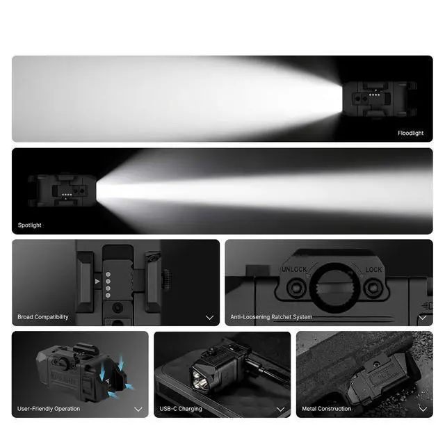 Alt view image 7 of 7 - PL X Tactical Flashlight Rechargeable USB-C Dual Beams Strobe Combo 22,500 Candelas Spotlight and 1,200 Lumens Floodlight Adjustable & Reversible Lugs, for 1913 / GL Rail Mount (Matte Black)