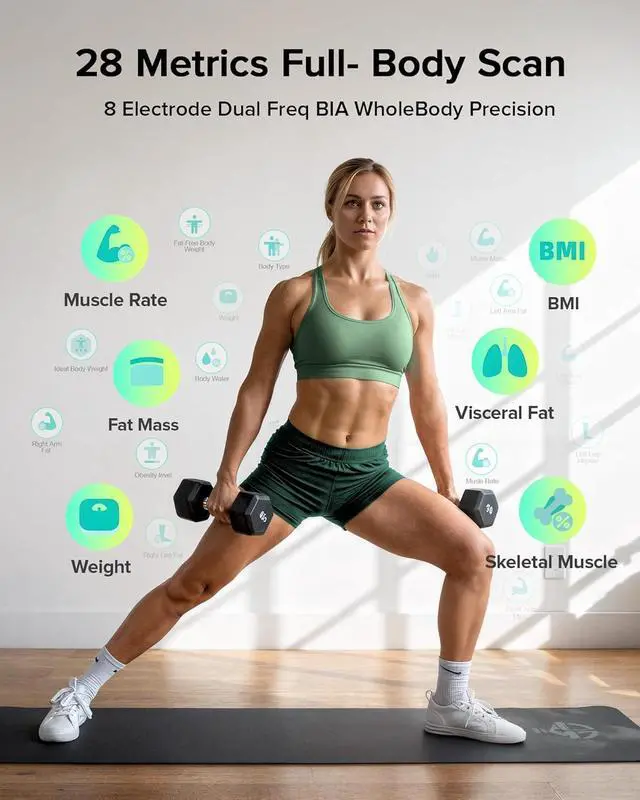 Alt view image 4 of 7 - Smart Scale for Body Weight, Full-Body Bathroom Scale with 8 Electrodes for BMI, Muscle Mass, 3-Metric Display, High-Accuracy Body Composition Monitor with 28 Metrics & App Connectivity