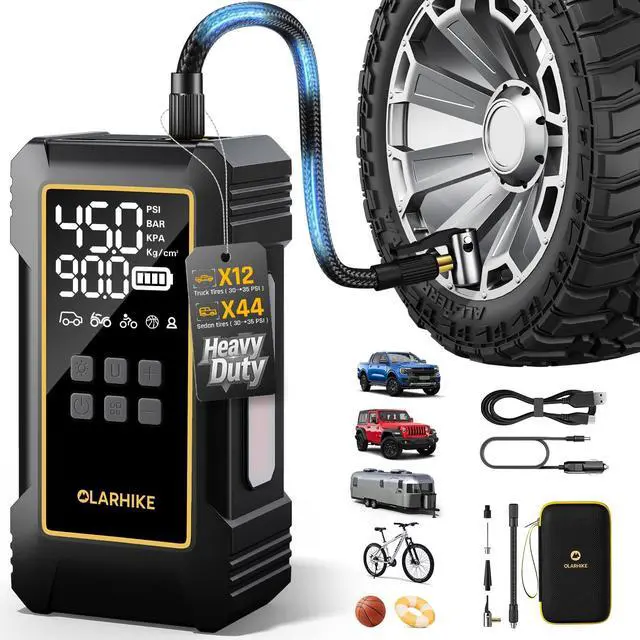 Main image of Powerful 12000mAh Heavy Duty Tire Inflator Portable Air Compressor, 7X Faster, 150PSI Dual Power 12V&Cordless Air Pump for Car Tires, Pickup Trucks, Jeeps, SUVs & RVs. Digital Pressure Gauge