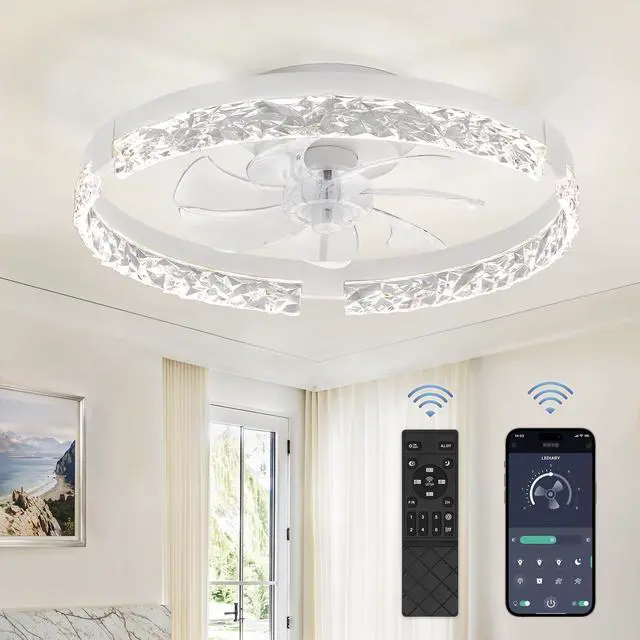 Main image of 20 Inch Low Profile Ceiling Fans with Lights and Remote, Fandelier Ceiling Fan Flush Mount, 3000K-6000K Dimmable LED Fan Light, White Modern Ceiling Fans with Lights for Bedroom