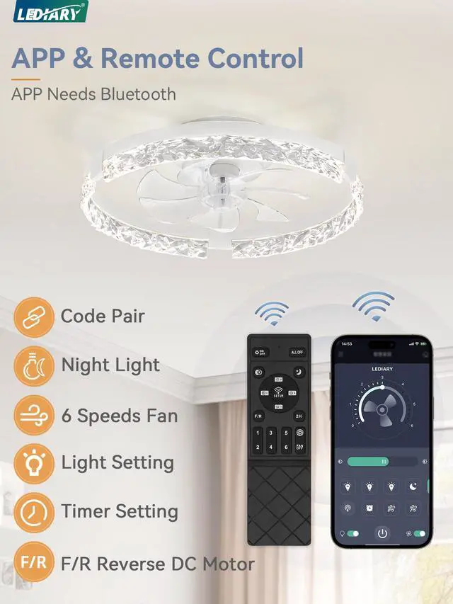 Alt view image 5 of 7 - 20 Inch Low Profile Ceiling Fans with Lights and Remote, Fandelier Ceiling Fan Flush Mount, 3000K-6000K Dimmable LED Fan Light, White Modern Ceiling Fans with Lights for Bedroom