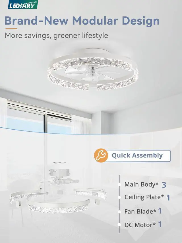 Alt view image 6 of 7 - 20 Inch Low Profile Ceiling Fans with Lights and Remote, Fandelier Ceiling Fan Flush Mount, 3000K-6000K Dimmable LED Fan Light, White Modern Ceiling Fans with Lights for Bedroom
