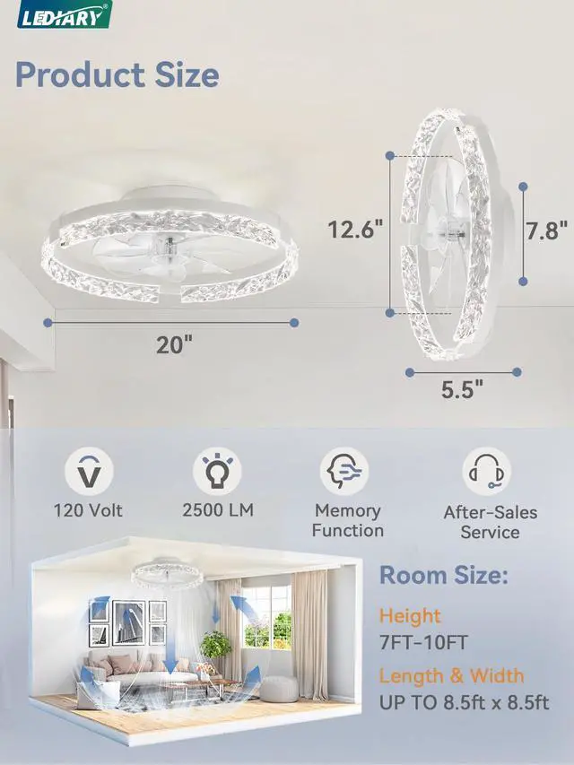 Alt view image 7 of 7 - 20 Inch Low Profile Ceiling Fans with Lights and Remote, Fandelier Ceiling Fan Flush Mount, 3000K-6000K Dimmable LED Fan Light, White Modern Ceiling Fans with Lights for Bedroom