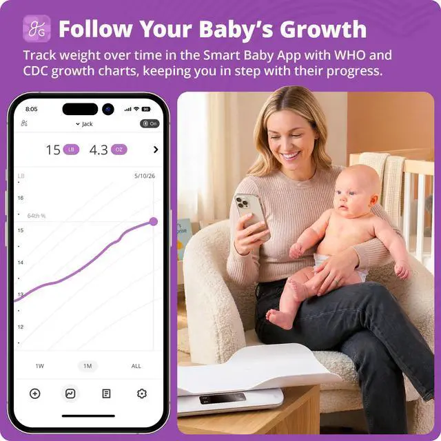 Alt view image 7 of 7 - Smart Baby Scale Bluetooth Digital Infant Scale for Newborns & Toddlers, Automatically Track Growth in gG Baby App, Accurate Even with Movement, 0.1 oz Precision Sensor, 66 lb Capacity