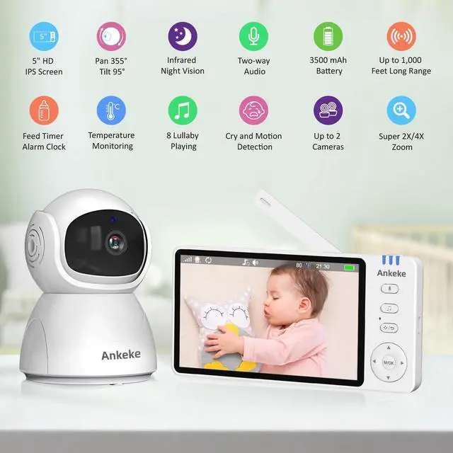 Alt view image 2 of 7 - Baby Monitor with Camera and Audio, No WiFi Baby Monitor with 5" IPS LCD Screen, 100-Hour Battery, 1000ft Long Range, 2-Way Talk, Cry and Feeding Reminder, Night Vision and 355°PTZ
