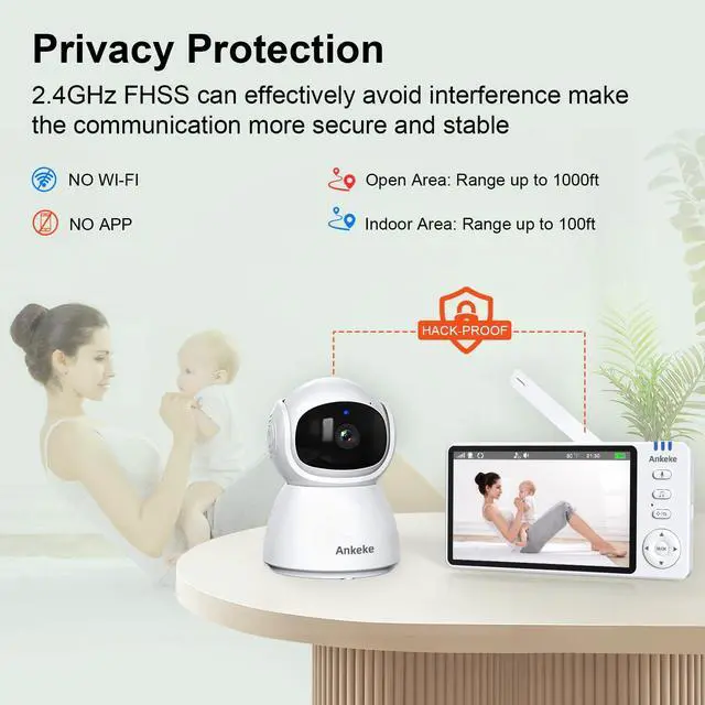 Alt view image 3 of 7 - Baby Monitor with Camera and Audio, No WiFi Baby Monitor with 5" IPS LCD Screen, 100-Hour Battery, 1000ft Long Range, 2-Way Talk, Cry and Feeding Reminder, Night Vision and 355°PTZ