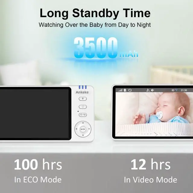 Alt view image 7 of 7 - Baby Monitor with Camera and Audio, No WiFi Baby Monitor with 5" IPS LCD Screen, 100-Hour Battery, 1000ft Long Range, 2-Way Talk, Cry and Feeding Reminder, Night Vision and 355°PTZ