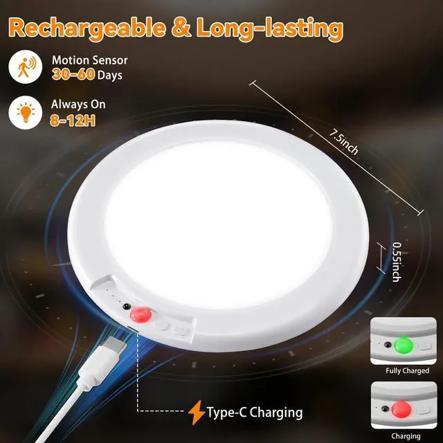 Alt view image 2 of 7 - Rechargeable Ceiling Light 2Pack, 3 Color Magnetic Motion Sensor Lights with Remote, Wireless Dimmable Closet Light Battery Operated, LED Lights for Shower Pantry Shed Hallway Porch Stairs