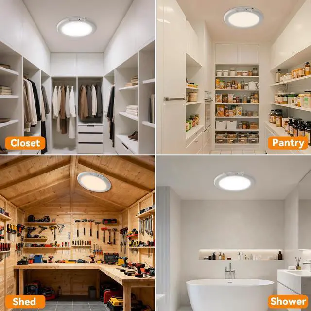Alt view image 7 of 7 - Rechargeable Ceiling Light 2Pack, 3 Color Magnetic Motion Sensor Lights with Remote, Wireless Dimmable Closet Light Battery Operated, LED Lights for Shower Pantry Shed Hallway Porch Stairs