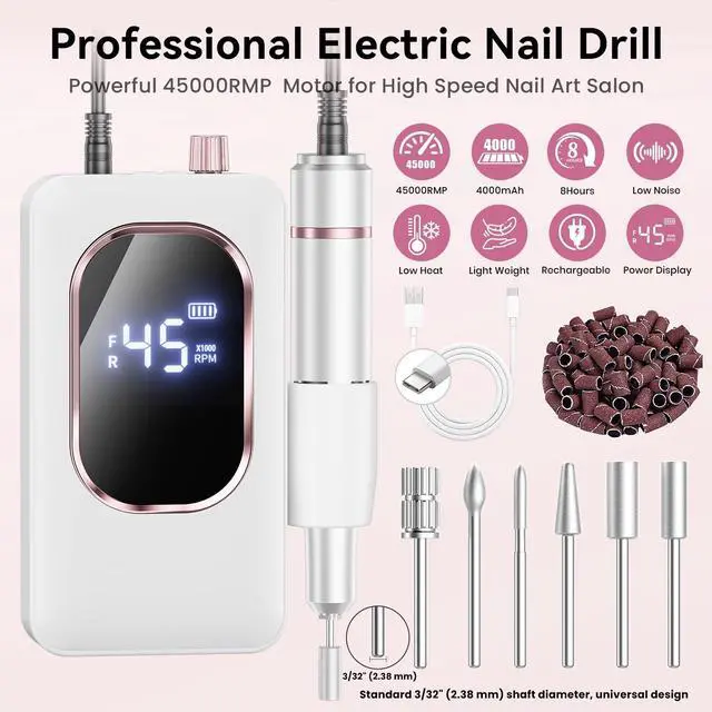 Alt view image 2 of 7 - Professional Electric Nail Drill 45000RPM, Portable Nail File for Acrylic Gel Nails, Cordless Rechargeable Salon-Grade Ultra Power Nail Drill Kit for Shaping, Polishing & Removing Gel Nails