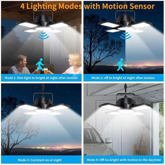 Alt view image 3 of 7 - Solar Shed Light Indoor Outdoor Upgrade 176 LED 4 and 1 Heads Solar Powered Motion Sensor Pandent Daytime Work Lights with 4 Modes Remote Control Security lamp for Garage Gazebo Barn
