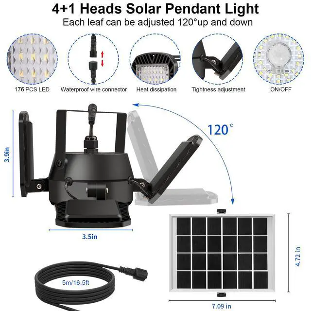 Alt view image 6 of 7 - Solar Shed Light Indoor Outdoor Upgrade 176 LED 4 and 1 Heads Solar Powered Motion Sensor Pandent Daytime Work Lights with 4 Modes Remote Control Security lamp for Garage Gazebo Barn