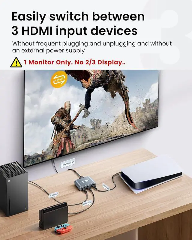Alt view image 2 of 7 - HDMI Switch 3 in 1 Out 4K@60Hz Aluminum Alloywith 4FT HDMI 2.0 Cable, 3x1 4K HDMI Switch Box, 3-Port HDMI Selector Switcher Support HDCP 2.2, HDR 10, for Fire TV Stick, PS5