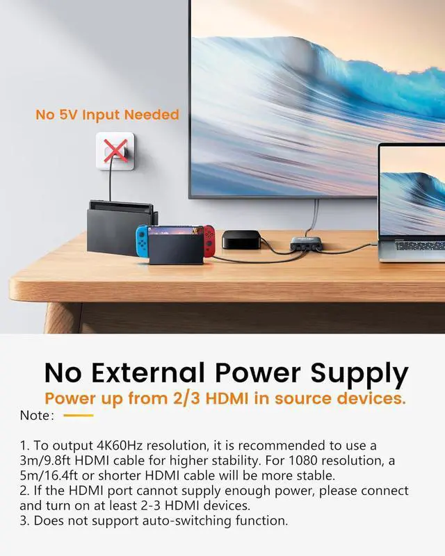 Alt view image 7 of 7 - HDMI Switch 3 in 1 Out 4K@60Hz Aluminum Alloywith 4FT HDMI 2.0 Cable, 3x1 4K HDMI Switch Box, 3-Port HDMI Selector Switcher Support HDCP 2.2, HDR 10, for Fire TV Stick, PS5