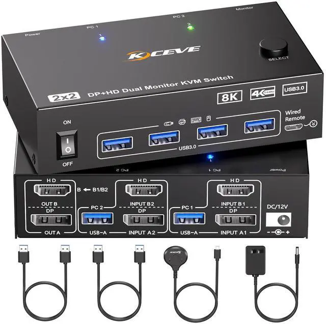 Main image of KVM Switch 2 Monitors 2 Computers Displayport HDMI 4K@144Hz, USB3.0 Dual Monitor KVM Switch for 2 Computers Share 2 Monitors and 4 USB Peripherals,Wired Remote 12V Adapter and 2 USB Cable