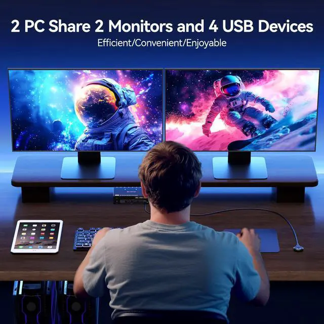 Alt view image 2 of 7 - KVM Switch 2 Monitors 2 Computers Displayport HDMI 4K@144Hz, USB3.0 Dual Monitor KVM Switch for 2 Computers Share 2 Monitors and 4 USB Peripherals,Wired Remote 12V Adapter and 2 USB Cable