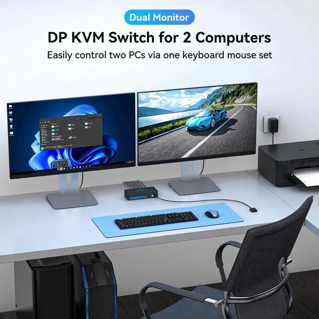 Alt view image 2 of 7 - 8K Displayport KVM Switch 2 Monitors 2 Computers Display Port 4K@120Hz USB3.0 Dual Monitor KVM Switches for 2 PC Share 2 Screens and 1 Set of Keyboard Mouse Printer and U Disk with 2 USB Cables