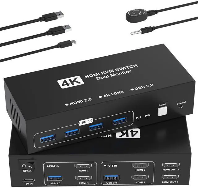 Main image of HDMI KVM Switch 2 Monitors 2 Computers, 4K@60Hz Dual Monitor KVM Switches USB Switch with 4 USB 3.0 Ports Sharing Keyboard Mouse Printer, Computer Switch Monitor Switch for 2 Computers with Controller
