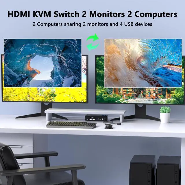 Alt view image 2 of 7 - HDMI KVM Switch 2 Monitors 2 Computers, 4K@60Hz Dual Monitor KVM Switches USB Switch with 4 USB 3.0 Ports Sharing Keyboard Mouse Printer, Computer Switch Monitor Switch for 2 Computers with Controller