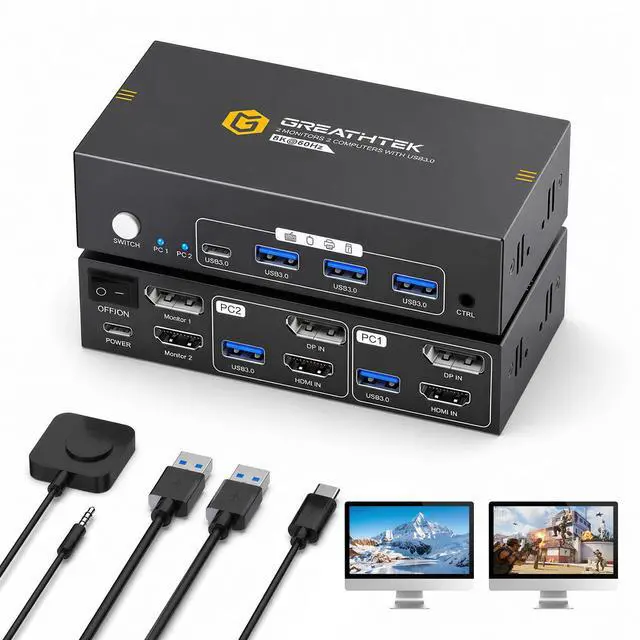 Main image of HDMI+Displayport KVM Switch 2 Monitors 2 Computers 8K@60HZ Dual Monitors KVM Switcher for 2 PC/Laptops Share Mouse Keyboard and 2 Screens,with USB3.0 Ports/Wired Controller EDID Adapative