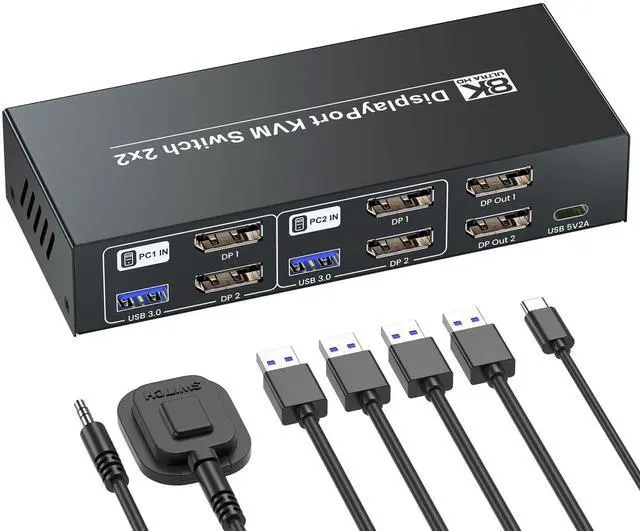 Main image of 8K@60Hz 4K@120Hz Displayport KVM Switch 2 Monitors 2 Computers, USB 3.0 Dual Monitor DP KVM Switch for 2 PCs Share 2 Monitors and 4 Port USB 3.0