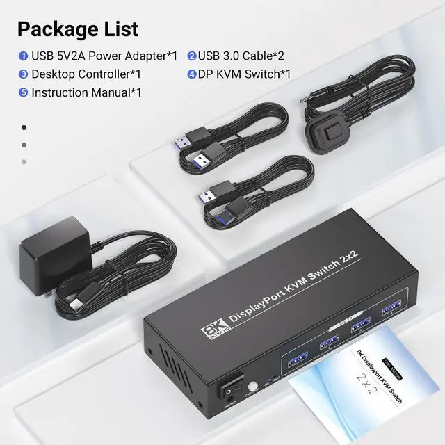 Alt view image 7 of 7 - 8K@60Hz 4K@120Hz Displayport KVM Switch 2 Monitors 2 Computers, USB 3.0 Dual Monitor DP KVM Switch for 2 PCs Share 2 Monitors and 4 Port USB 3.0