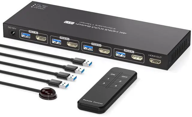 Main image of USB3.0 HDMI KVM Switch 4 Computers EDID 4K60Hz 4 Port KVM for 4 PC Sharing 1 Monitor and 4 USB 3.0 Devices with Controller