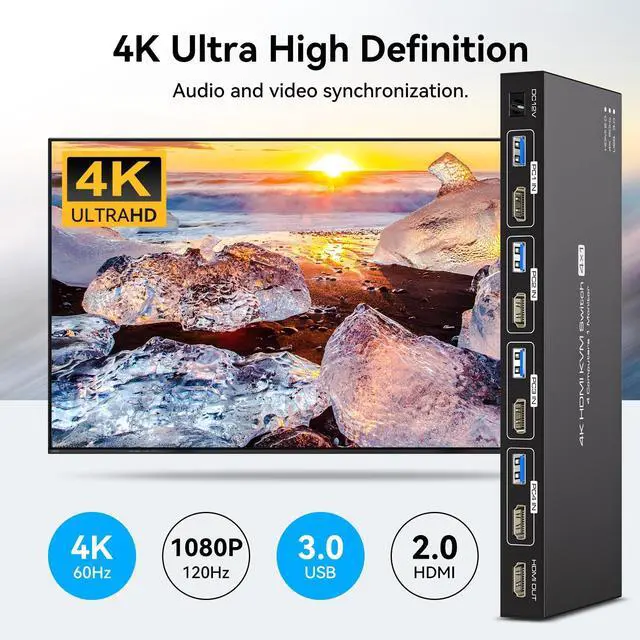 Alt view image 5 of 7 - USB3.0 HDMI KVM Switch 4 Computers EDID 4K60Hz 4 Port KVM for 4 PC Sharing 1 Monitor and 4 USB 3.0 Devices with Controller