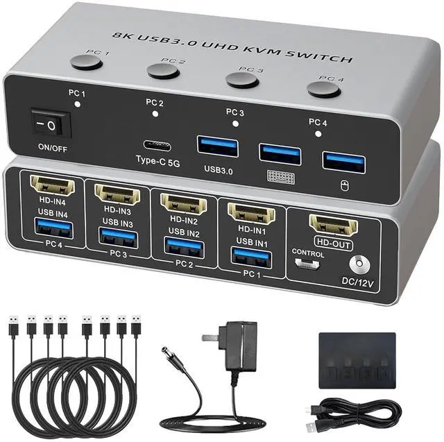 Main image of HDMI2.1 KVM Switch 4 Computers 1 Monitor, 8K@60Hz HD 4 in 1 Out, with 3 USB3.0, 1 Type C Outputs, 4 PCs Sharing Monitor, Keyboard Mouse Printer