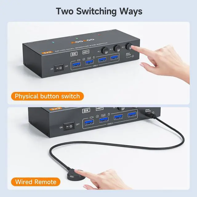 Alt view image 4 of 7 - KVM Switch 2 Monitors 3 Computers 8K@60Hz/4K144Hz,DP+HDMI USB3.0 Dual Monitors KVM Switches with 4 USB 3.0 Port,Wired Remote,USB3.0 Cables Included(8K 3 PC 2 Monitor KVM)