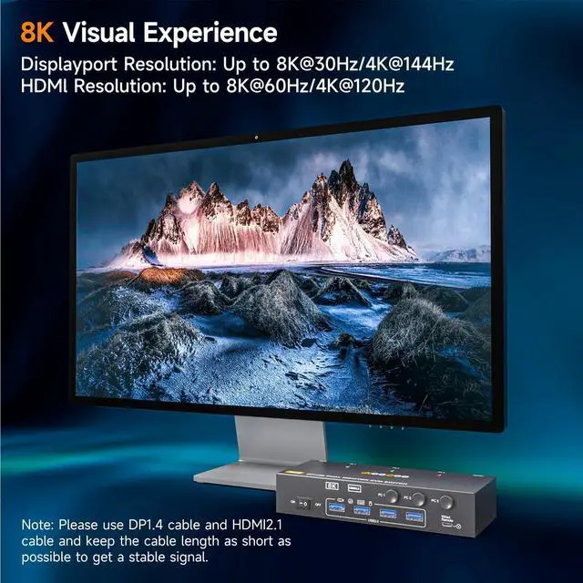 Alt view image 5 of 7 - KVM Switch 2 Monitors 3 Computers 8K@60Hz/4K144Hz,DP+HDMI USB3.0 Dual Monitors KVM Switches with 4 USB 3.0 Port,Wired Remote,USB3.0 Cables Included(8K 3 PC 2 Monitor KVM)