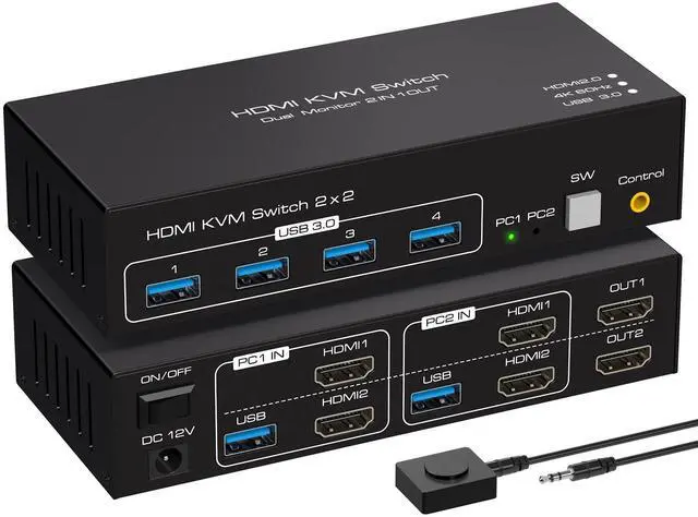 Main image of Dual Monitor KVM Switch HDMI Two Port 4K 60Hz KVM Switch for 2 Computers 2 Monitors with 4 USB 3.0 Ports Support Copy Extended Display and Desktop Control Including USB 3.0 Cable 15CM Longth