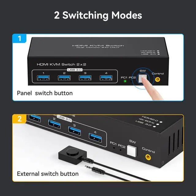 Alt view image 5 of 7 - Dual Monitor KVM Switch HDMI Two Port 4K 60Hz KVM Switch for 2 Computers 2 Monitors with 4 USB 3.0 Ports Support Copy Extended Display and Desktop Control Including USB 3.0 Cable 15CM Longth