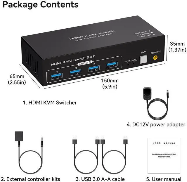 Alt view image 7 of 7 - Dual Monitor KVM Switch HDMI Two Port 4K 60Hz KVM Switch for 2 Computers 2 Monitors with 4 USB 3.0 Ports Support Copy Extended Display and Desktop Control Including USB 3.0 Cable 15CM Longth