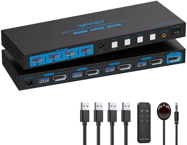 Main image of 8K@60Hz Displayport KVM Switch 1 Monitor 4 Computers 4K144Hz USB3.0 KVM Switch Single Monitor for 4 Computers Share 1 Monitor and 4 USB Devices Support Extended/Copy Mode with Desktop Controller