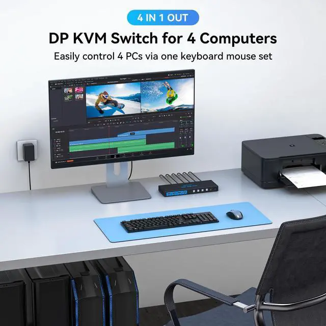 Alt view image 2 of 7 - 8K@60Hz Displayport KVM Switch 1 Monitor 4 Computers 4K144Hz USB3.0 KVM Switch Single Monitor for 4 Computers Share 1 Monitor and 4 USB Devices Support Extended/Copy Mode with Desktop Controller