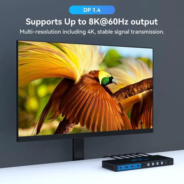 Alt view image 5 of 7 - 8K@60Hz Displayport KVM Switch 1 Monitor 4 Computers 4K144Hz USB3.0 KVM Switch Single Monitor for 4 Computers Share 1 Monitor and 4 USB Devices Support Extended/Copy Mode with Desktop Controller